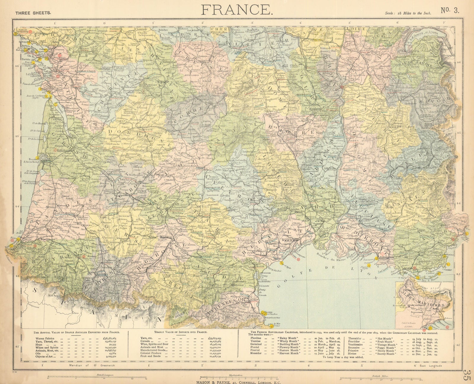 FRANCE SOUTH. Lighthouses. French Republican Calendar 1793-1805. LETTS 1892 map